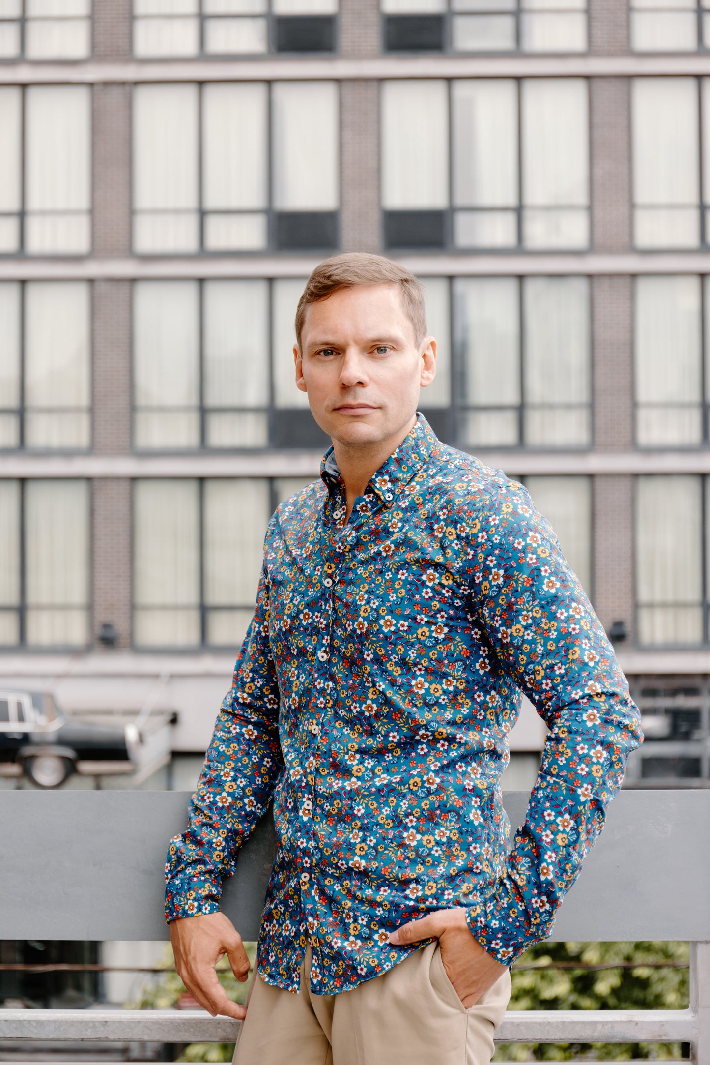 Mens Long-Sleeve Button-Down Floral Cotton Shirt - Blue & Yellow