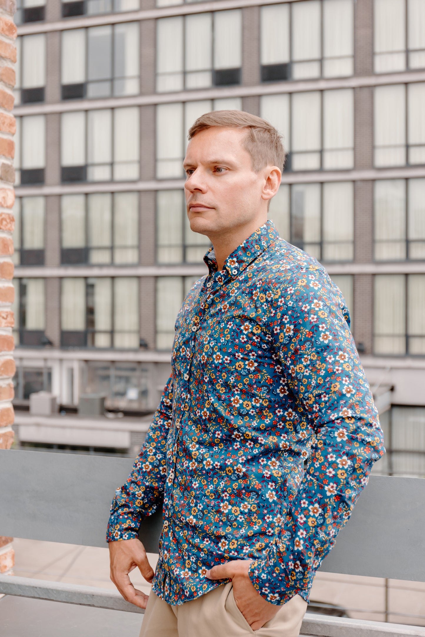 Mens Long-Sleeve Button-Down Floral Cotton Shirt - Blue & Yellow