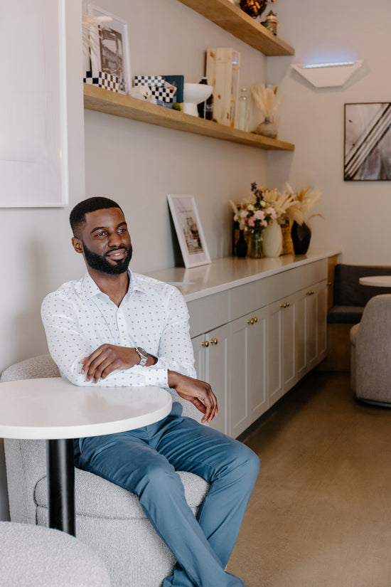 Mens Long-Sleeve Button-Down Floral Cotton Shirt - White with Small Navy & Light Blue Flowers
