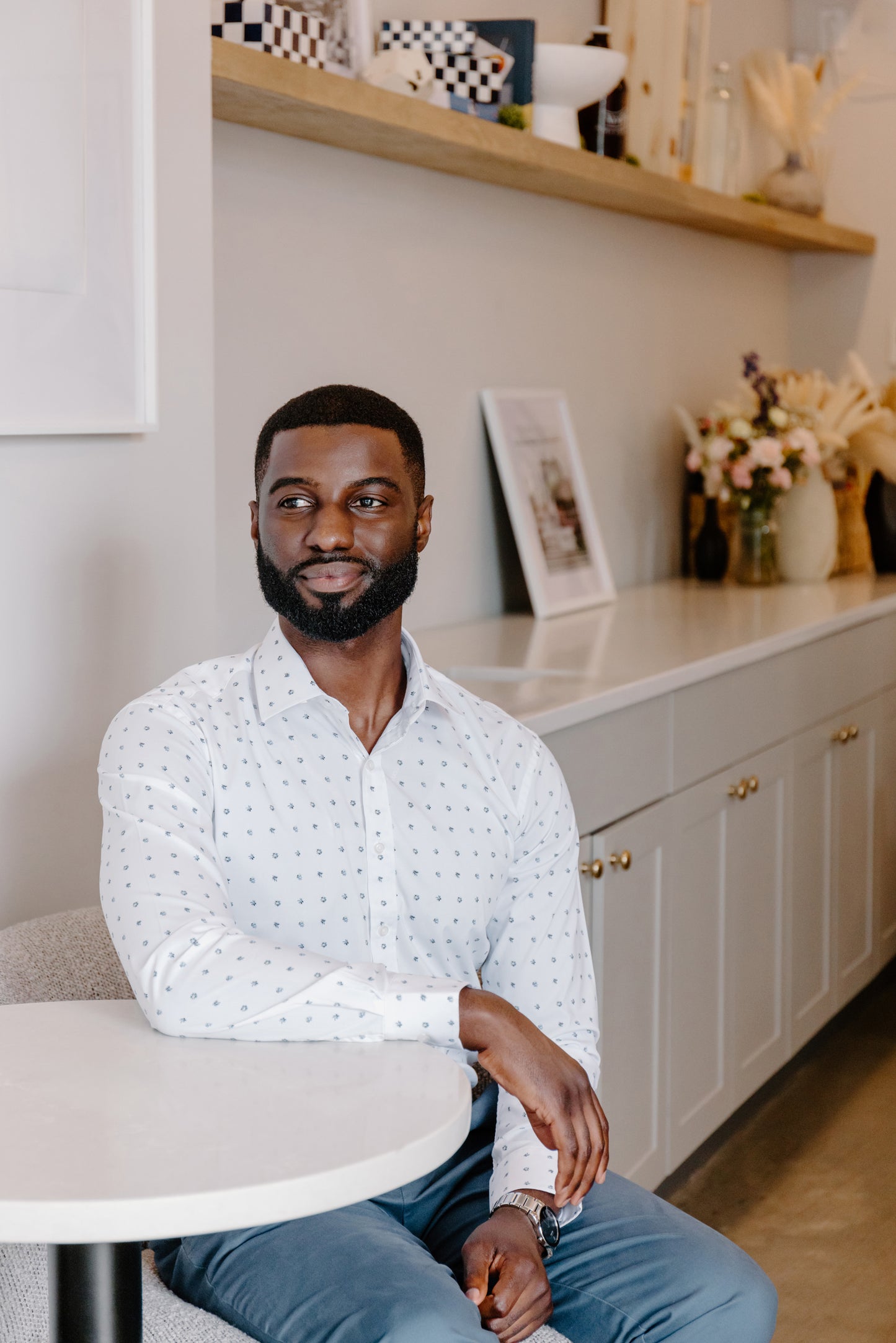 Mens Long-Sleeve Button-Down Floral Cotton Shirt - White with Small Navy & Light Blue Flowers