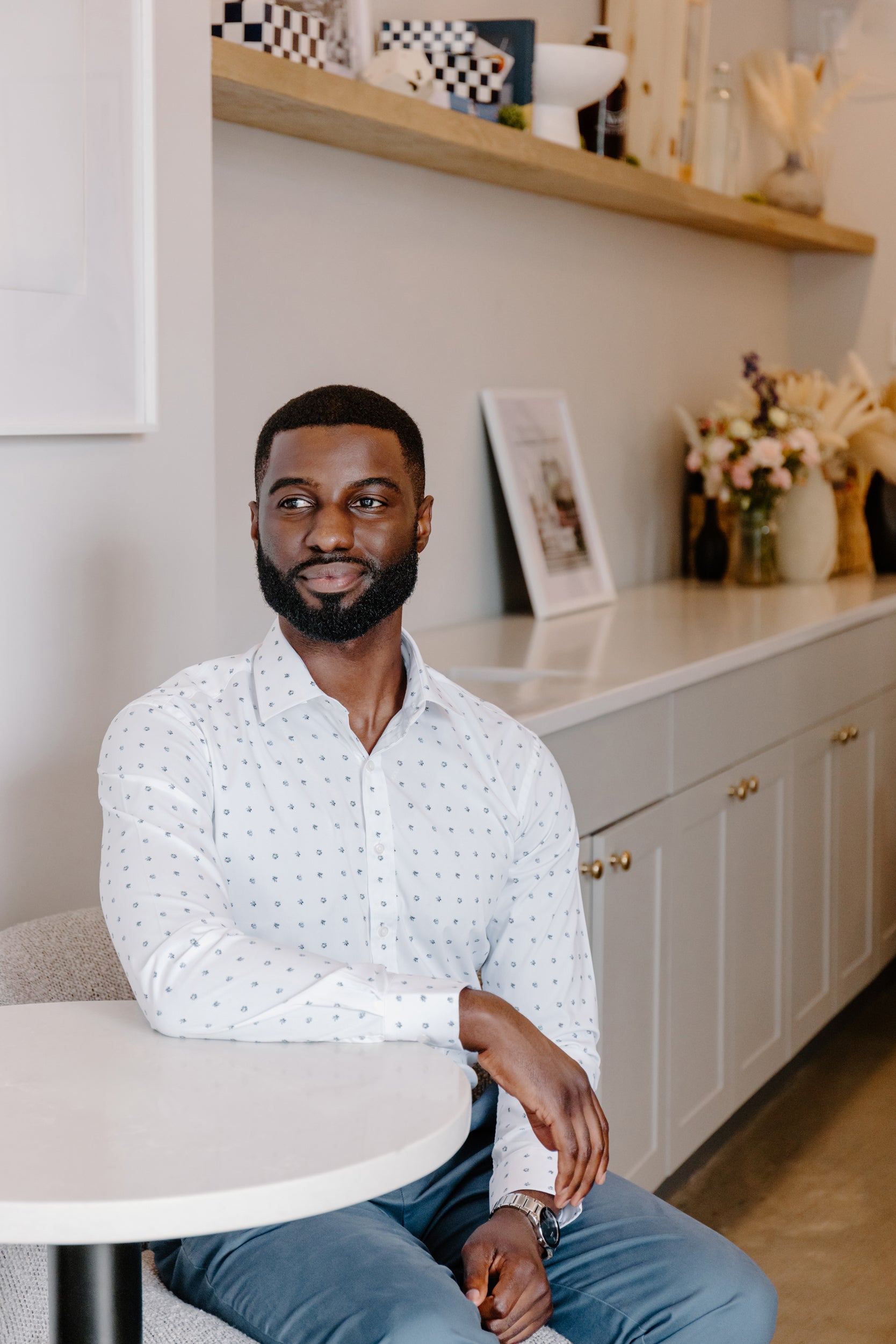 Mens Long-Sleeve Button-Down Floral Cotton Shirt - White with Small Navy & Light Blue Flowers