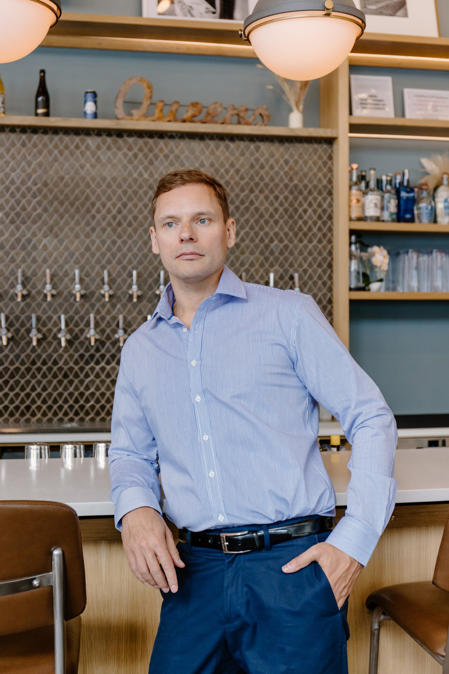 Mens Long-Sleeve Button-Down Blue Bengal Stripe Shirt