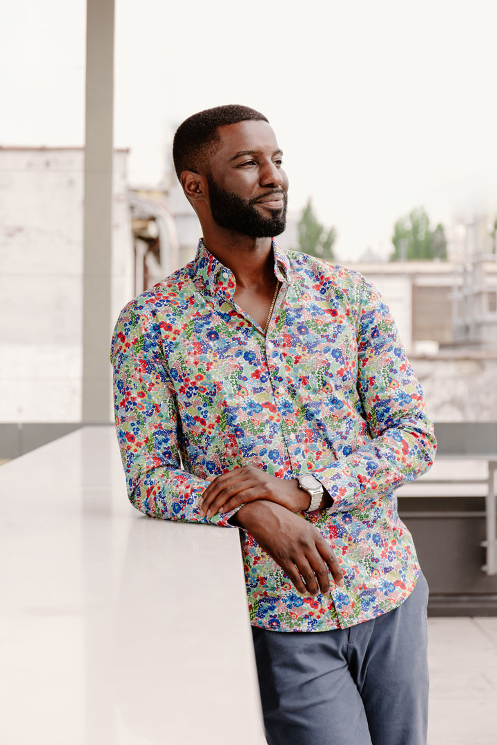 Mens Long-Sleeve Button-Down Floral Cotton Shirt - Rainbow