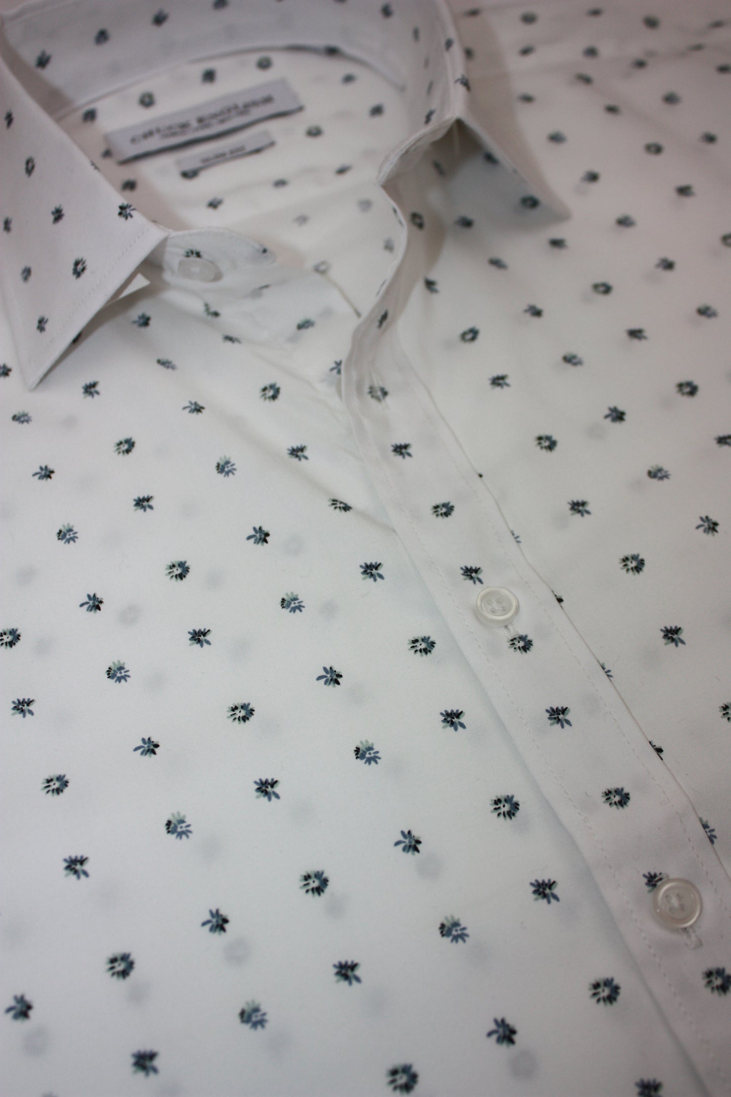 Mens Long-Sleeve Button-Down Floral Cotton Shirt - White with Small Navy & Light Blue Flowers
