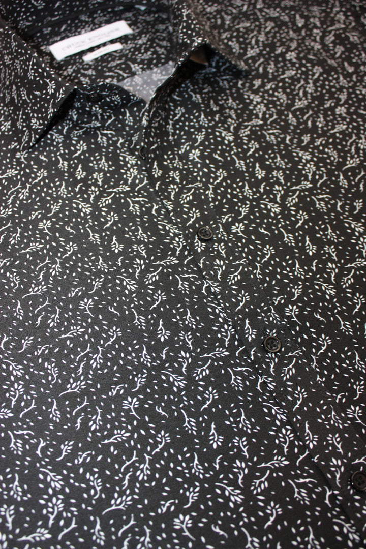 Mens Long-Sleeve Button-Down Floral Cotton Shirt - Black w/Small White Leaves
