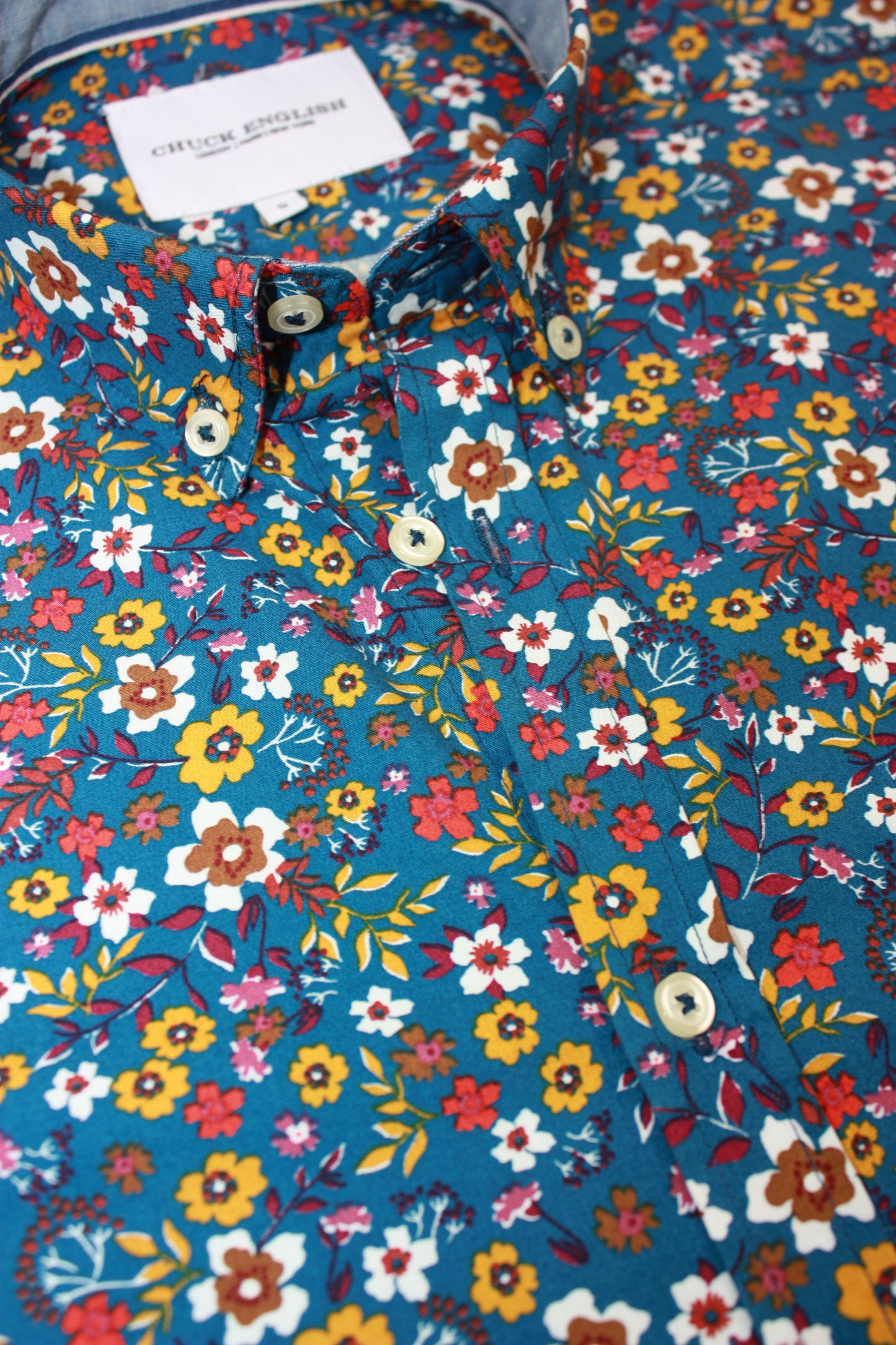 Mens Long-Sleeve Button-Down Floral Cotton Shirt - Blue & Yellow