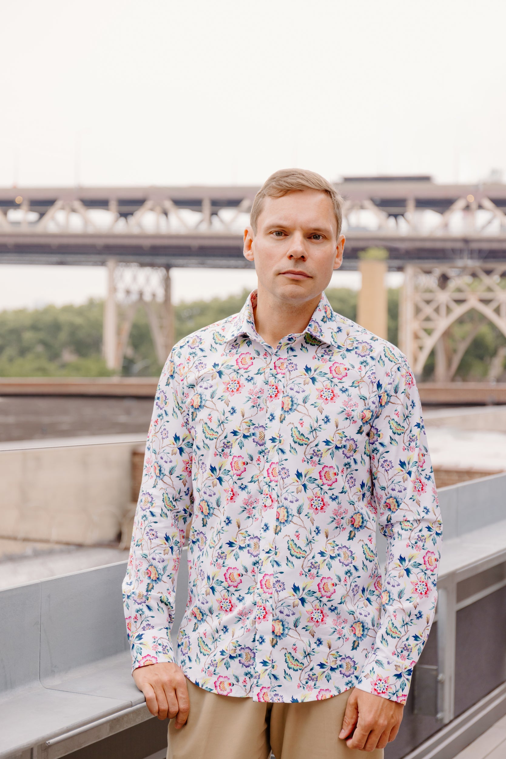 Mens Long-Sleeve Button-Down Floral Cotton Shirt - Bright Green & Blue Leaves w/Pink &Purple Flowers