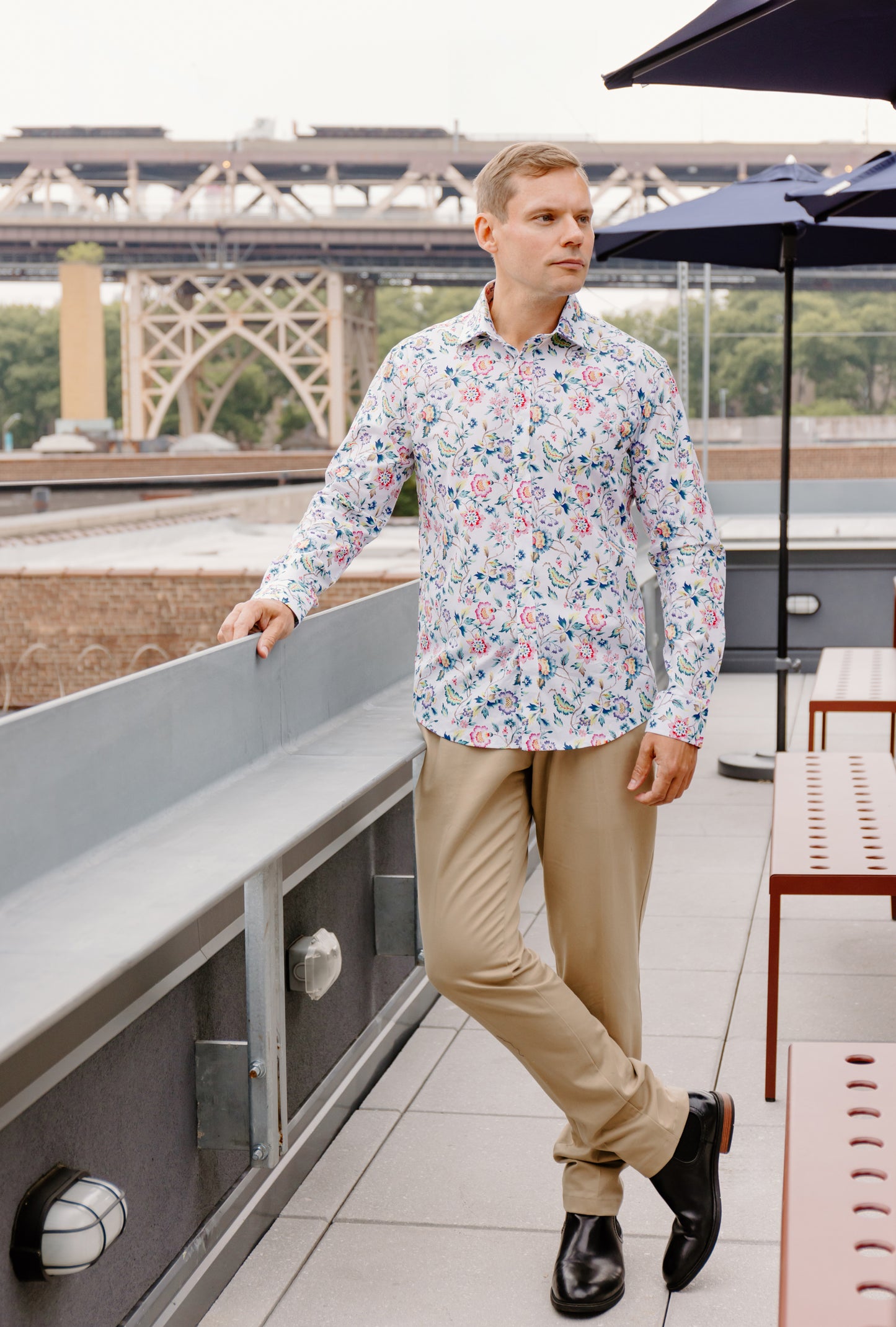 Mens Long-Sleeve Button-Down Floral Cotton Shirt - Bright Green & Blue Leaves w/Pink &Purple Flowers