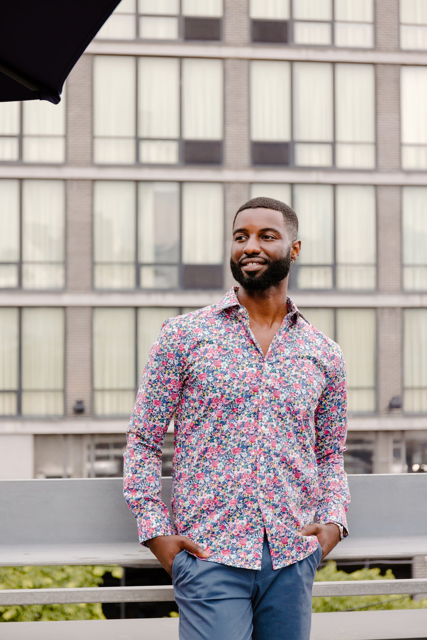 Mens Long-Sleeve Button-Down Floral Cotton Shirt - Pink & Blue Medium Flowers