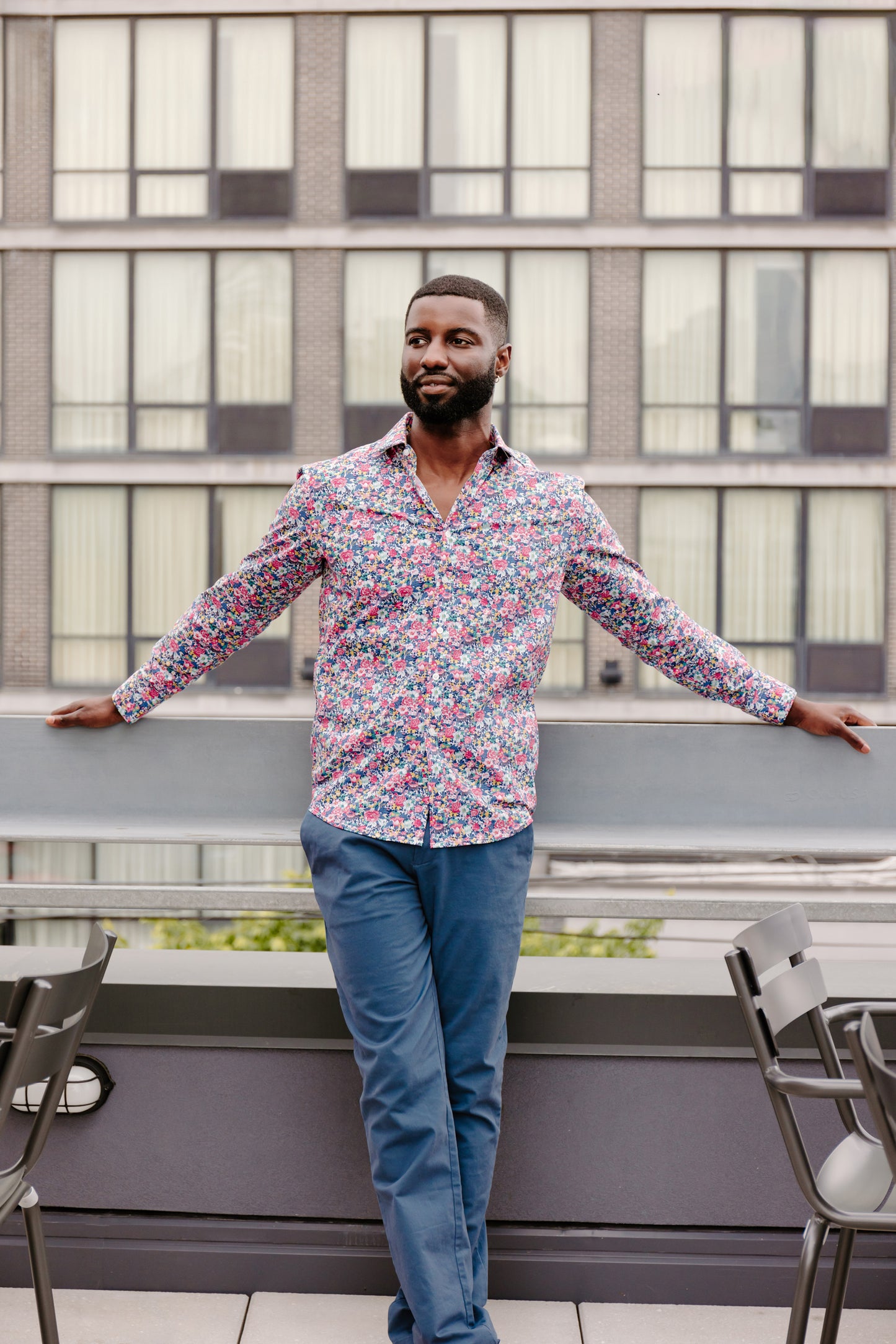 Mens Long-Sleeve Button-Down Floral Cotton Shirt - Pink & Blue Medium Flowers