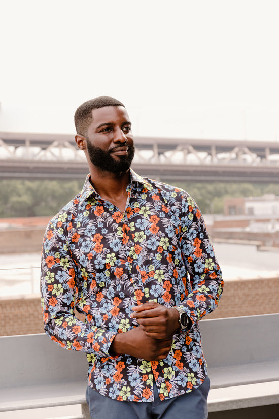 Mens Long-Sleeve Button-Down Floral Cotton Shirt - Orange & Green Big Flowers