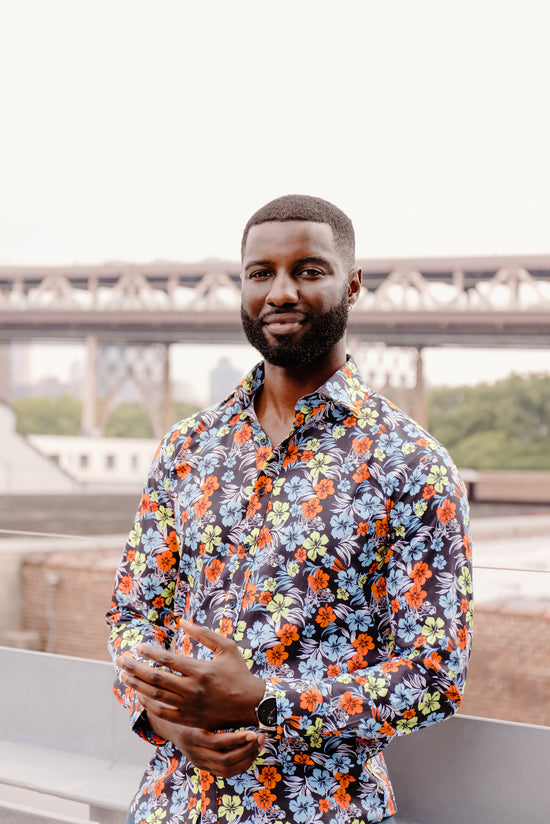 Mens Long-Sleeve Button-Down Floral Cotton Shirt - Orange & Green Big Flowers