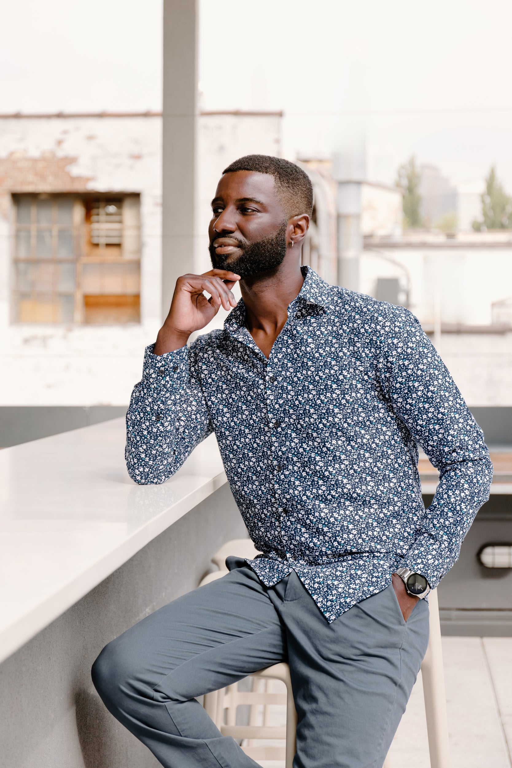 Mens Long-Sleeve Button-Down Floral Cotton Shirt - Blue White & Turquoise Small Flowers