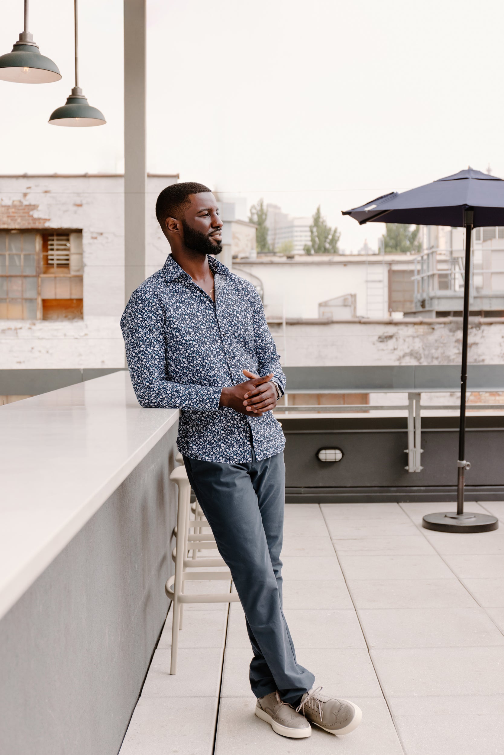 Mens Long-Sleeve Button-Down Floral Cotton Shirt - Blue White & Turquoise Small Flowers