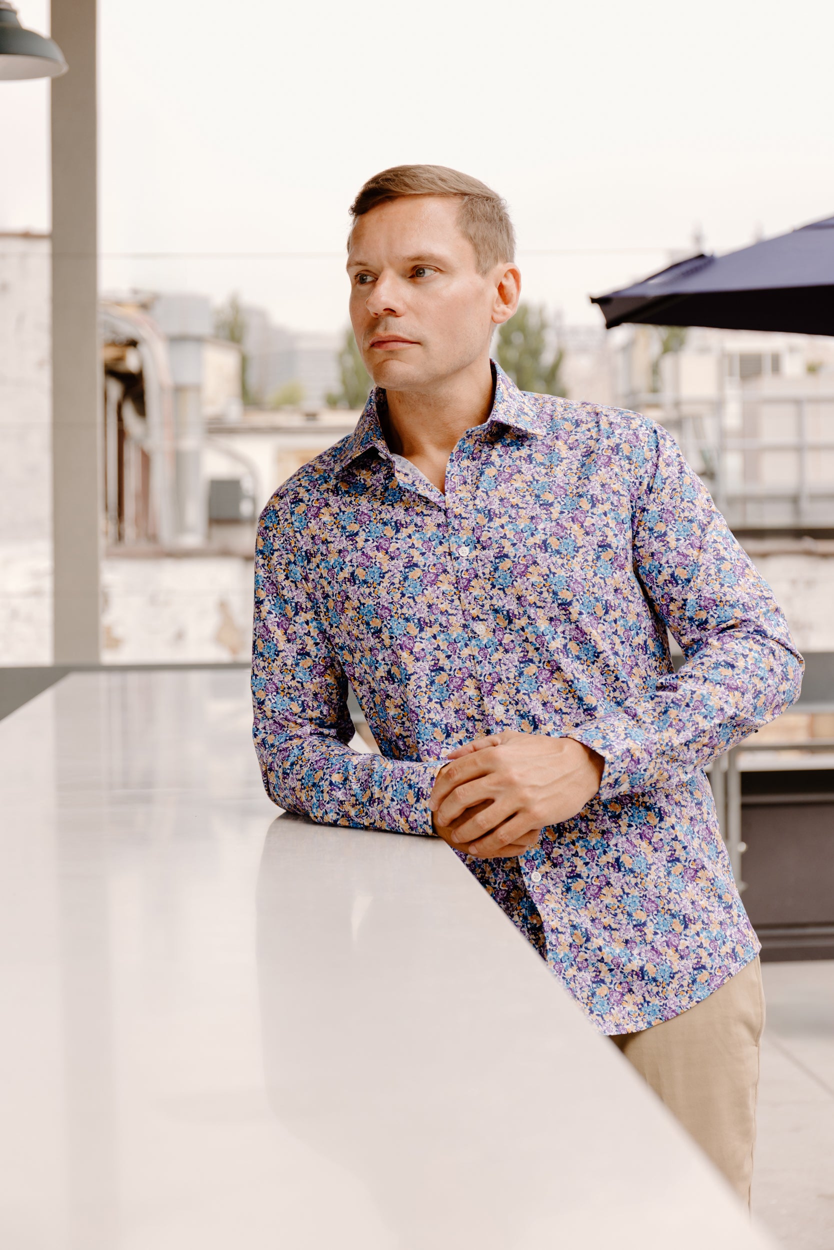 Mens Long-Sleeve Button-Down Floral Cotton Shirt - Yellow & Purple Small Flowers