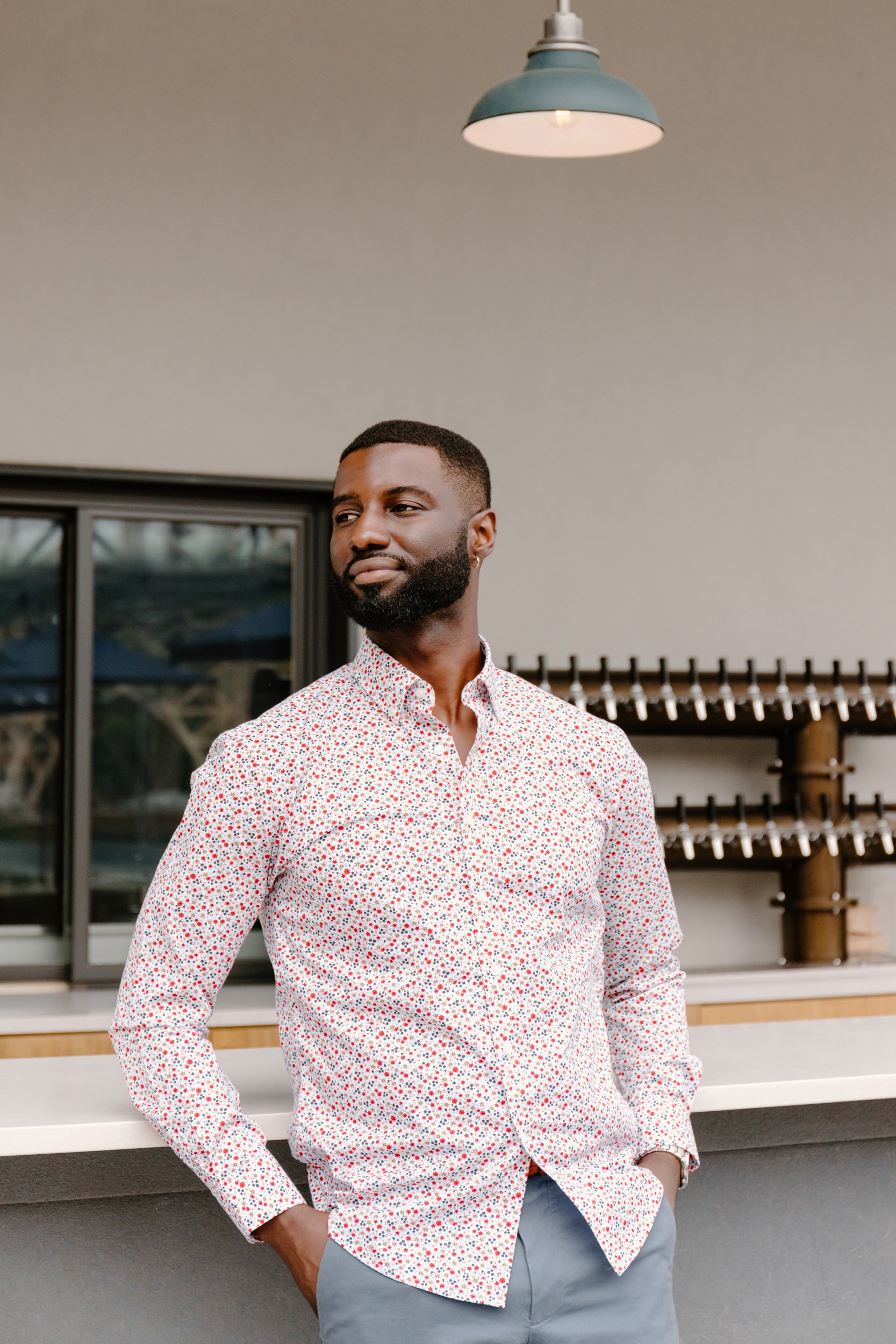 Mens Long-Sleeve Button-Down Floral Cotton Shirt - Red & Black Small Flowers