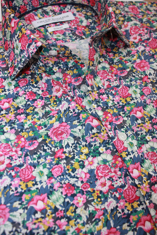 Mens Long-Sleeve Button-Down Floral Cotton Shirt - Pink & Blue Medium Flowers