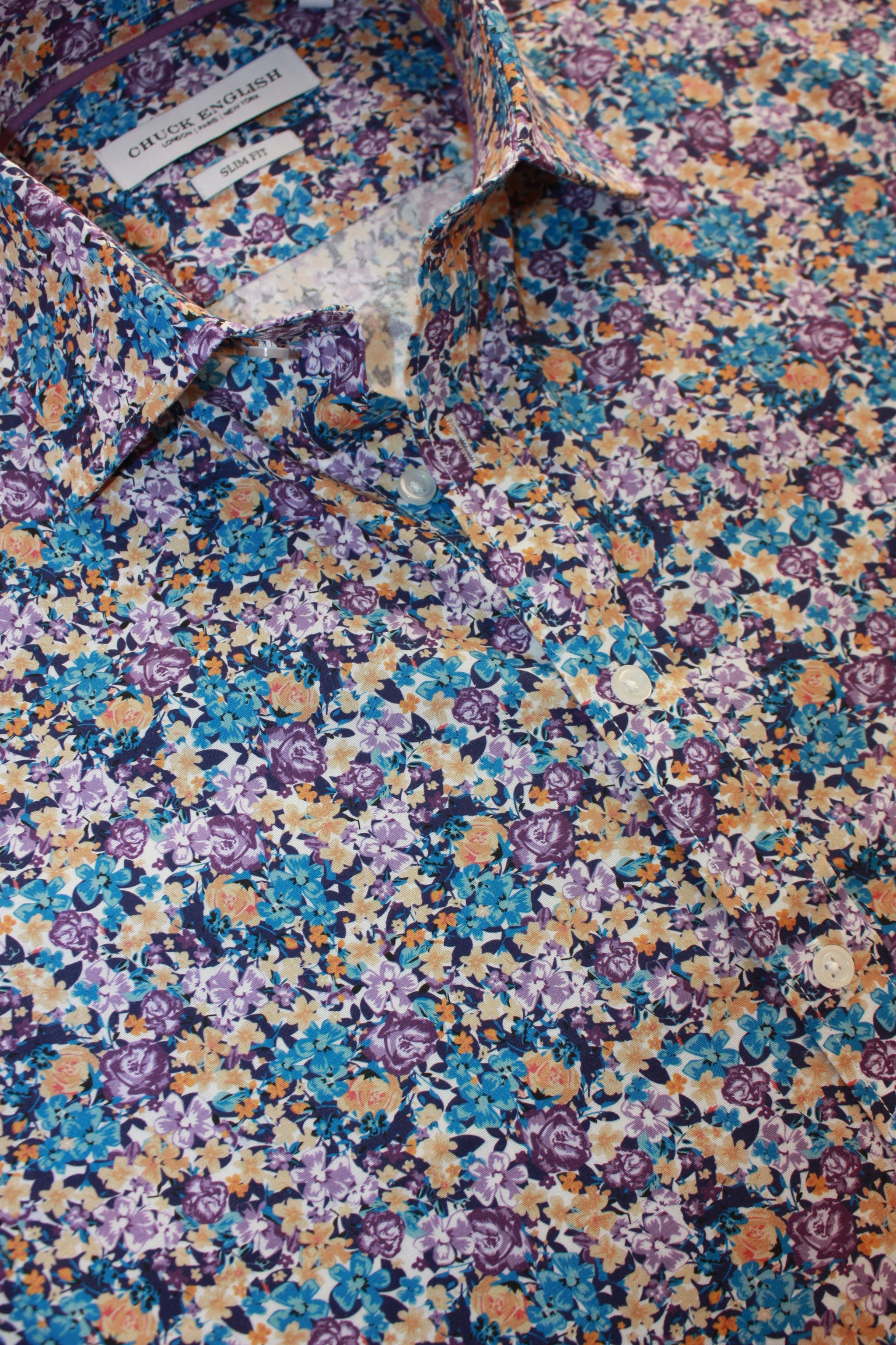 Mens Long-Sleeve Button-Down Floral Cotton Shirt - Yellow & Purple Small Flowers