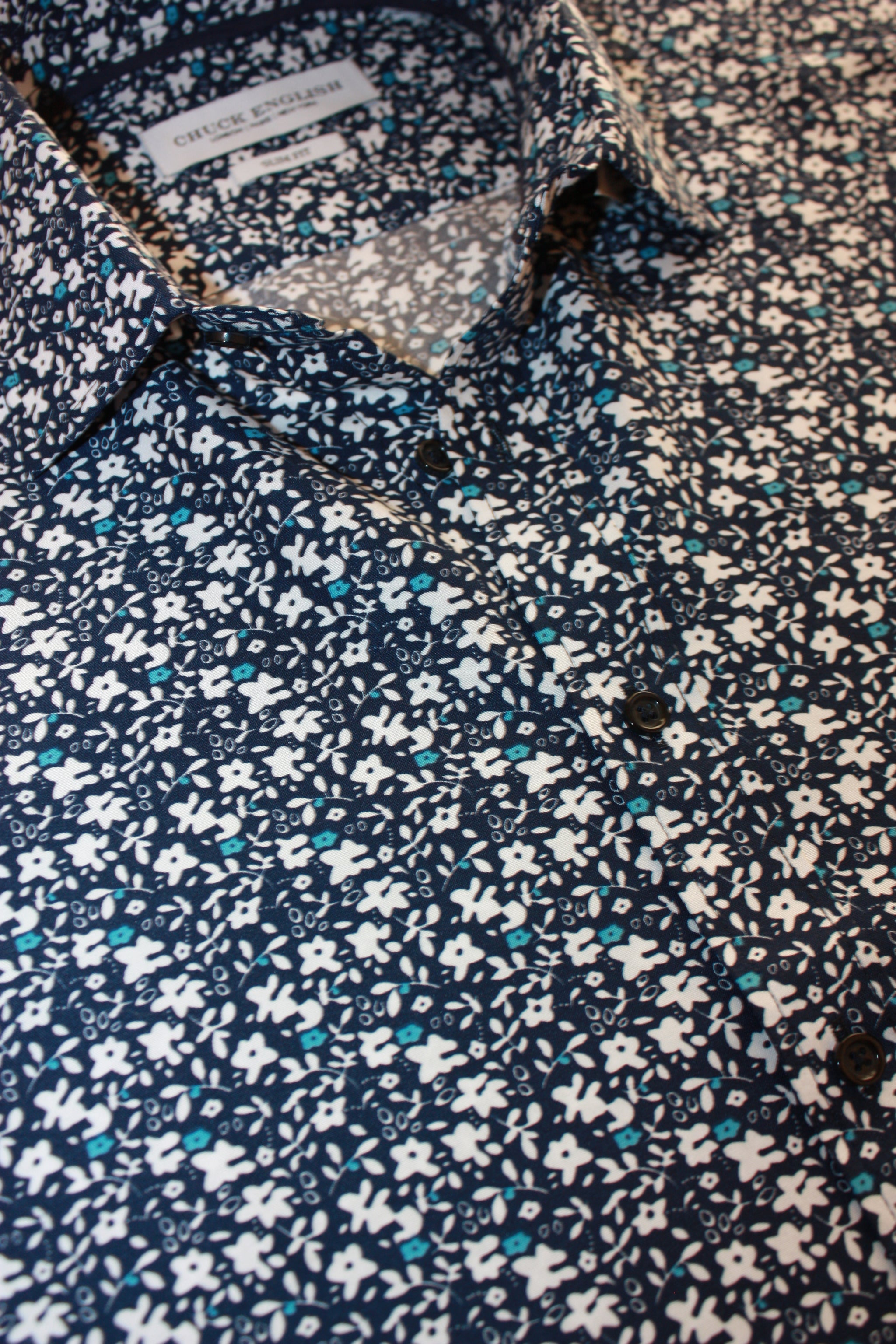 Mens Long-Sleeve Button-Down Floral Cotton Shirt - Blue White & Turquoise Small Flowers