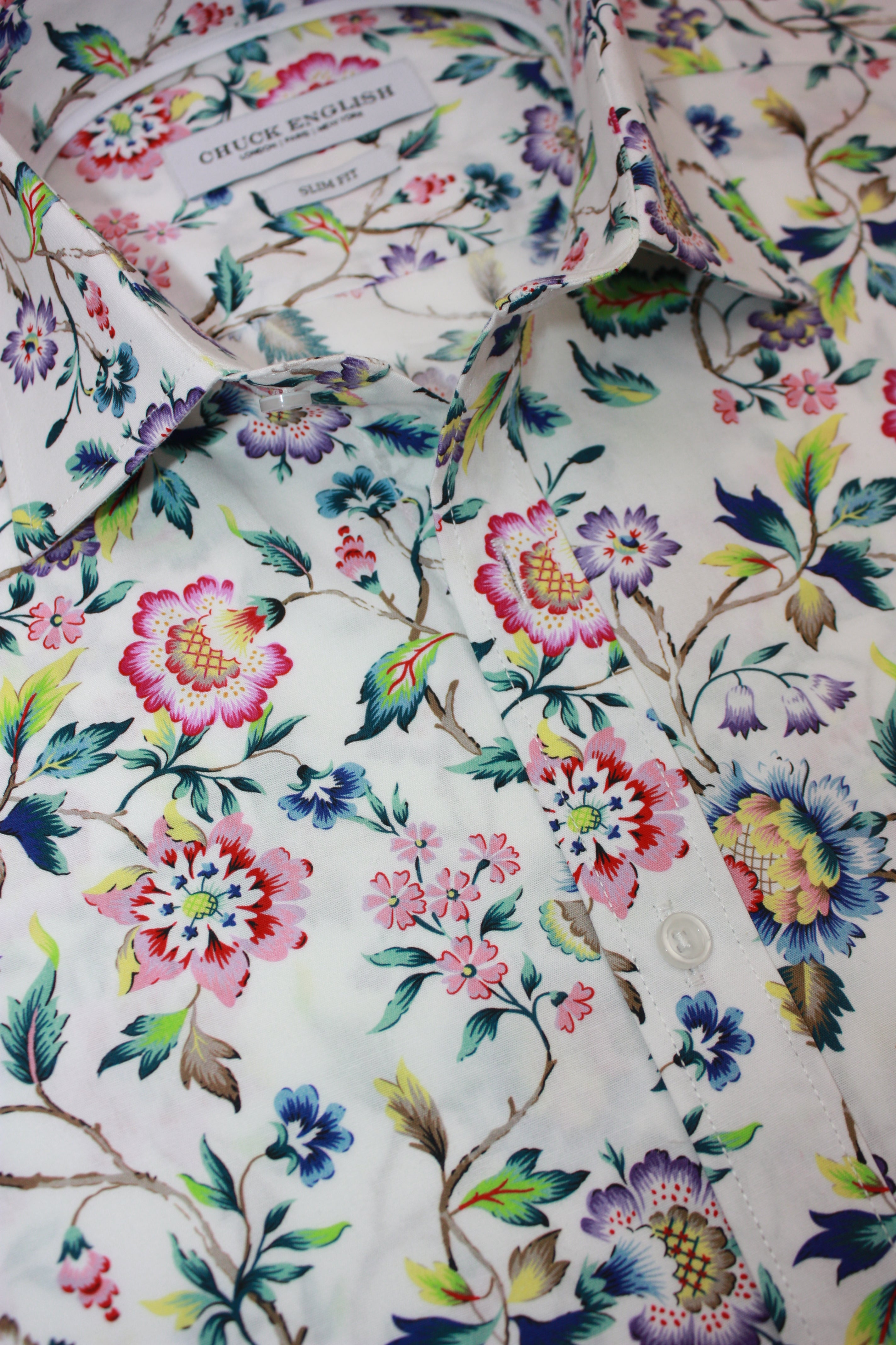 Mens Long-Sleeve Button-Down Floral Cotton Shirt - Bright Green & Blue Leaves w/Pink &Purple Flowers