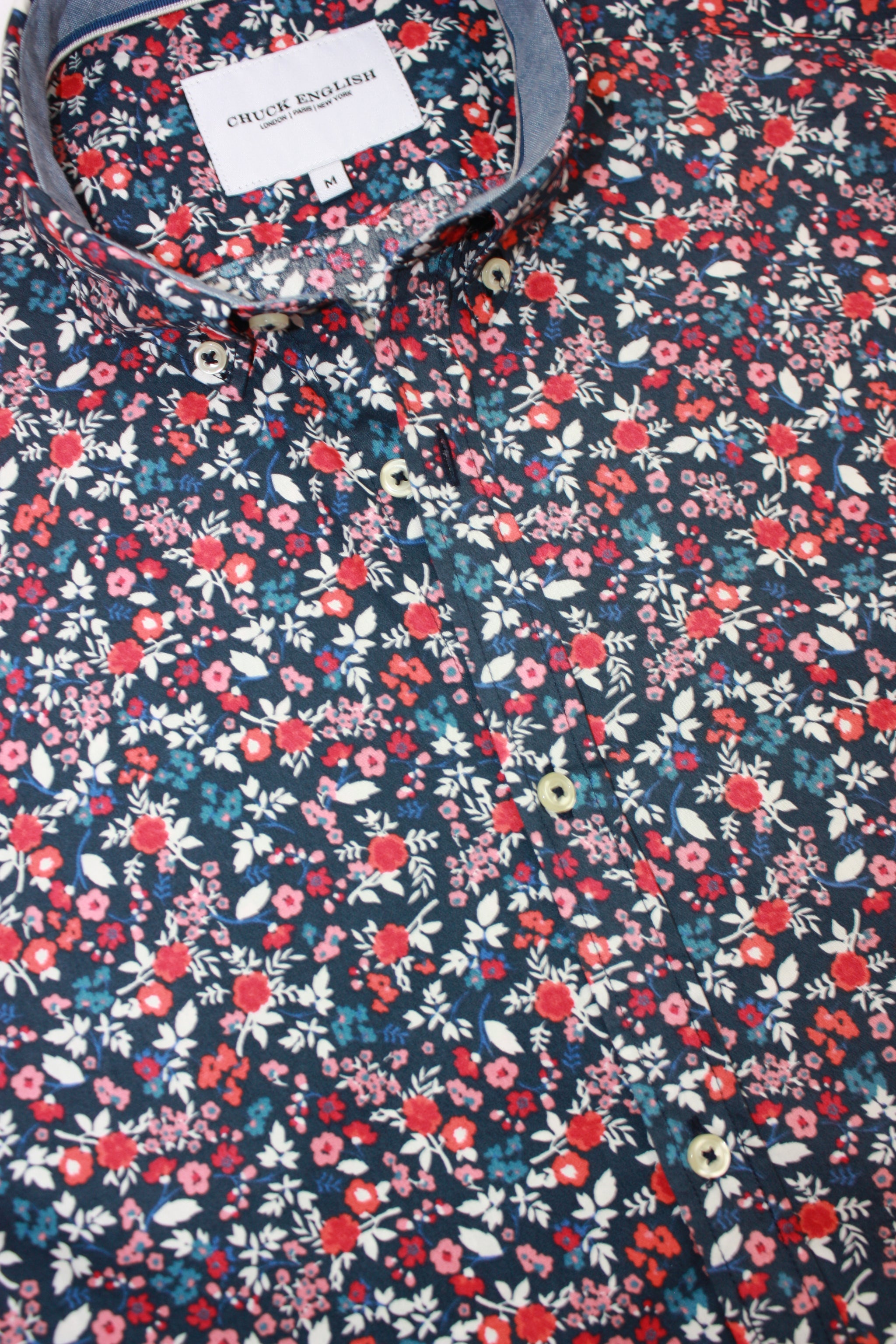 Mens Long-Sleeve Button-Down Floral Cotton Shirt - Blue & Red